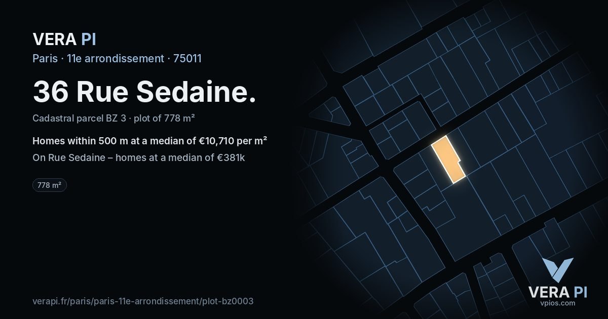 36 Rue Sedaine, 11e arrondissement at night – the plot lit, the parcels around coloured by the prices near them