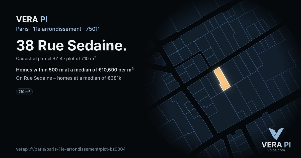 38 Rue Sedaine, 11e arrondissement at night – the plot lit, the parcels around coloured by the prices near them