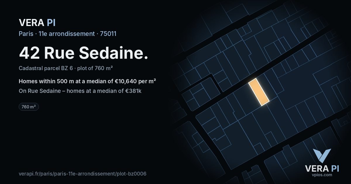 42 Rue Sedaine, 11e arrondissement at night – the plot lit, the parcels around coloured by the prices near them