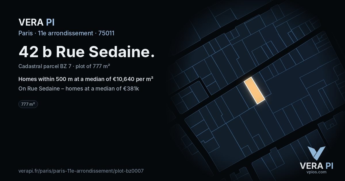 42 b Rue Sedaine, 11e arrondissement at night – the plot lit, the parcels around coloured by the prices near them