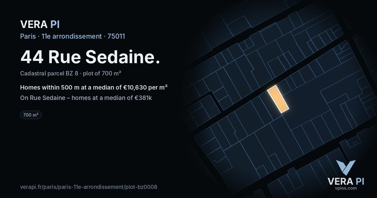 44 Rue Sedaine, 11e arrondissement at night – the plot lit, the parcels around coloured by the prices near them