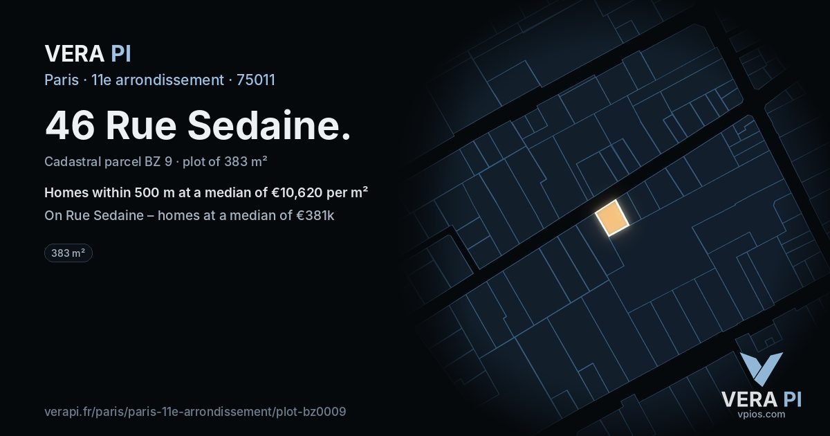 46 Rue Sedaine, 11e arrondissement at night – the plot lit, the parcels around coloured by the prices near them
