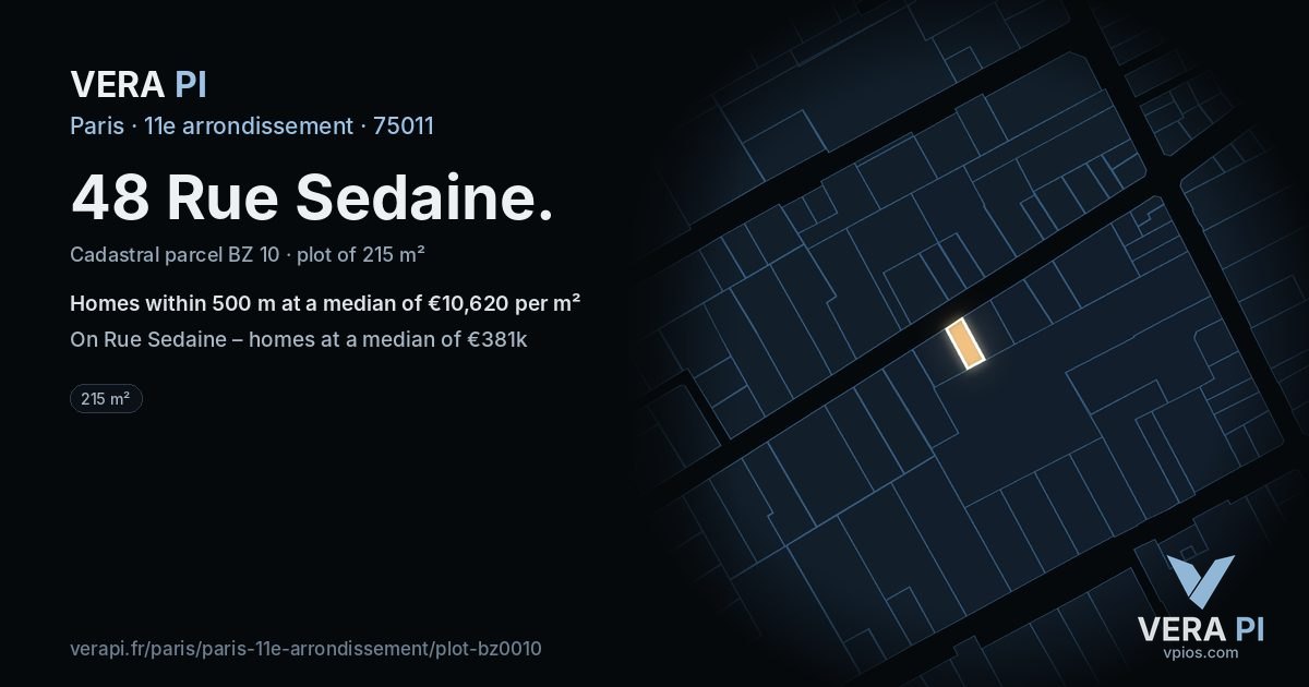 48 Rue Sedaine, 11e arrondissement at night – the plot lit, the parcels around coloured by the prices near them