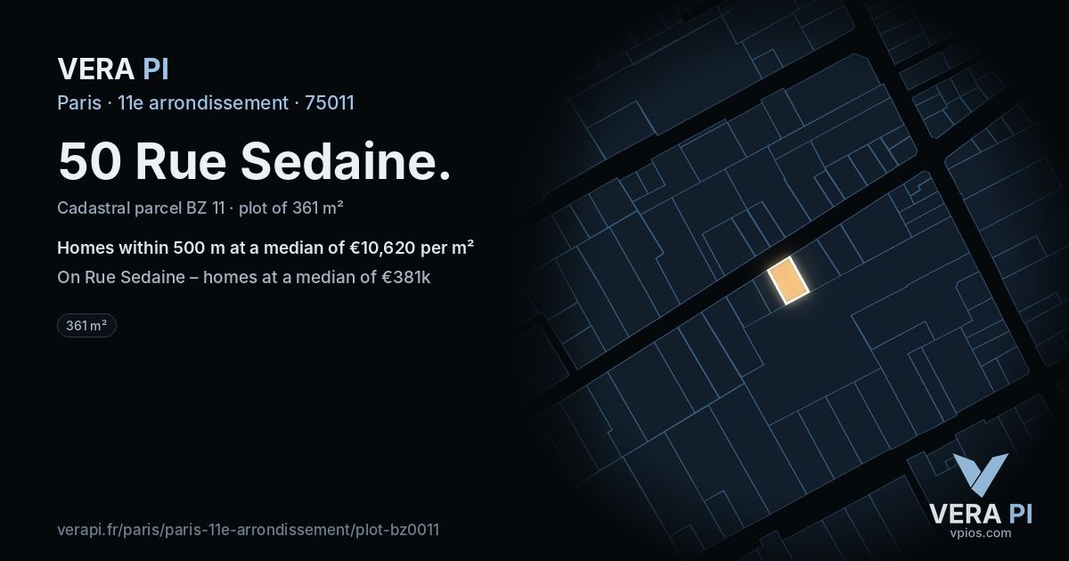 50 Rue Sedaine, 11e arrondissement at night – the plot lit, the parcels around coloured by the prices near them