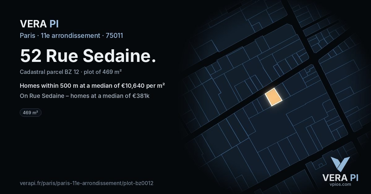 52 Rue Sedaine, 11e arrondissement at night – the plot lit, the parcels around coloured by the prices near them