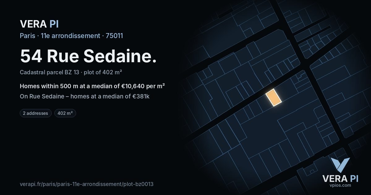 54 Rue Sedaine, 11e arrondissement at night – the plot lit, the parcels around coloured by the prices near them