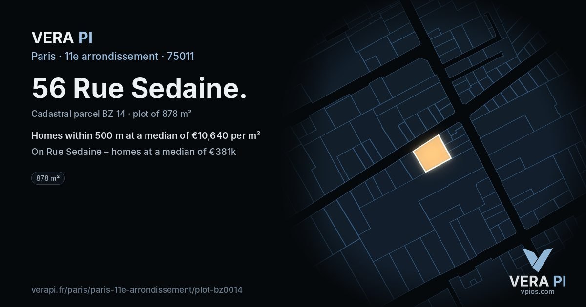 56 Rue Sedaine, 11e arrondissement at night – the plot lit, the parcels around coloured by the prices near them