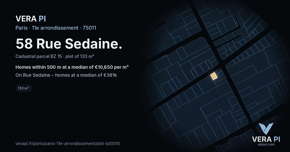 58 Rue Sedaine, 11e arrondissement at night – the plot lit, the parcels around coloured by the prices near them