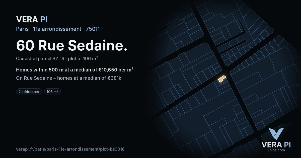 60 Rue Sedaine, 11e arrondissement at night – the plot lit, the parcels around coloured by the prices near them