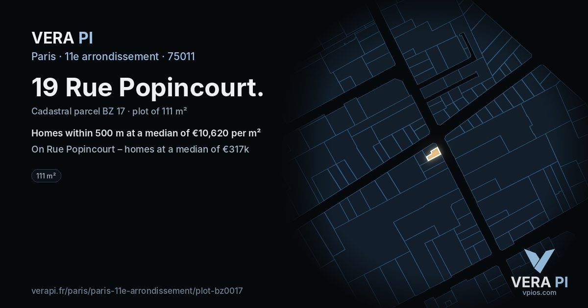 19 Rue Popincourt, 11e arrondissement at night – the plot lit, the parcels around coloured by the prices near them