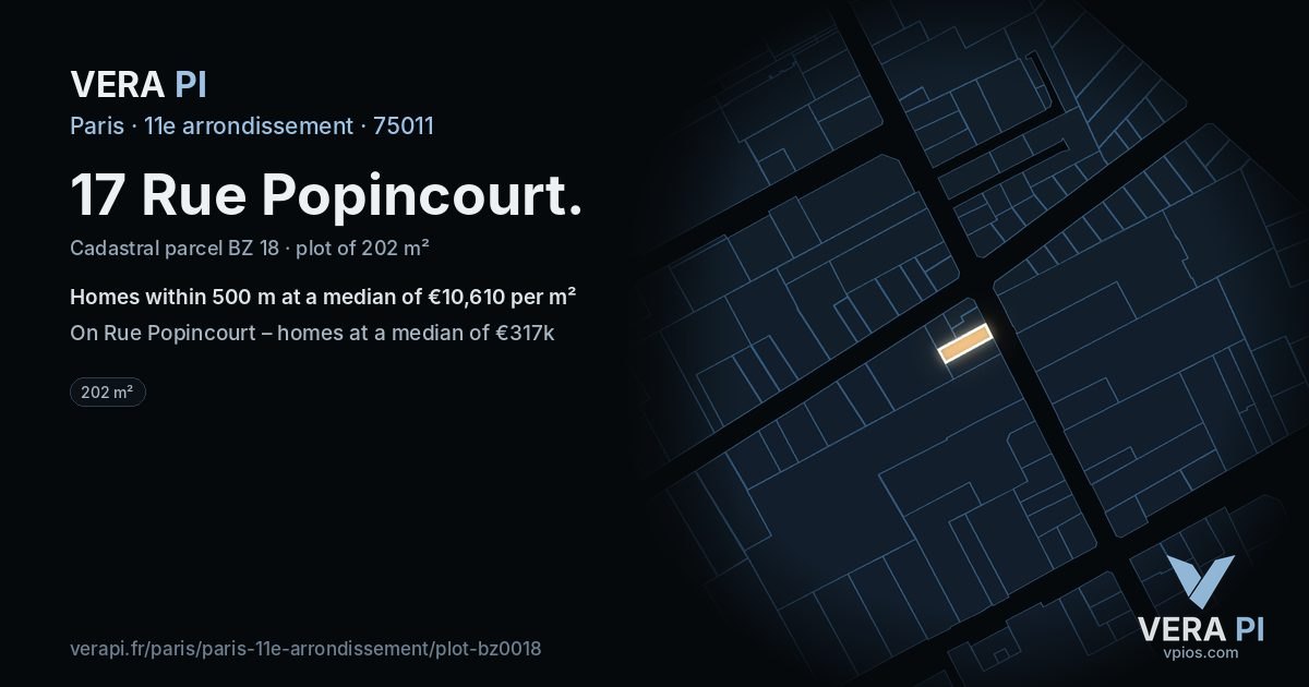 17 Rue Popincourt, 11e arrondissement at night – the plot lit, the parcels around coloured by the prices near them