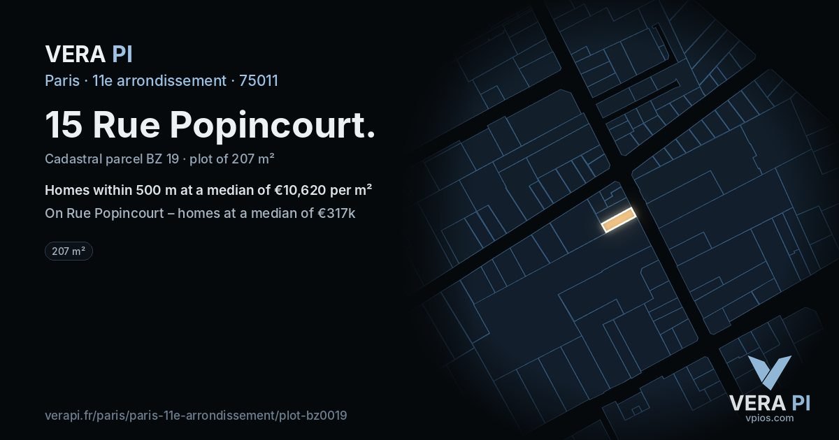 15 Rue Popincourt, 11e arrondissement at night – the plot lit, the parcels around coloured by the prices near them