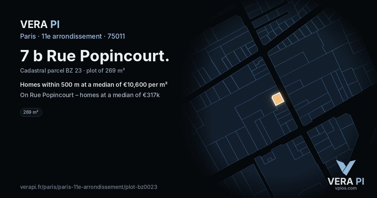 7 b Rue Popincourt, 11e arrondissement at night – the plot lit, the parcels around coloured by the prices near them