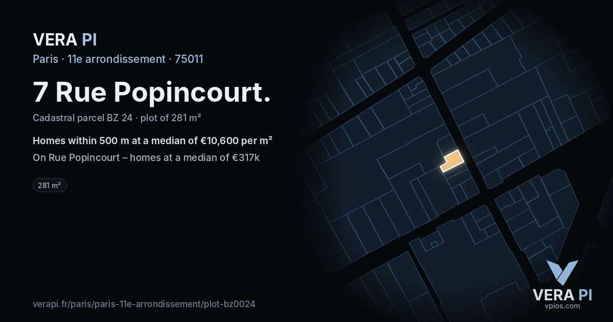 7 Rue Popincourt, 11e arrondissement at night – the plot lit, the parcels around coloured by the prices near them