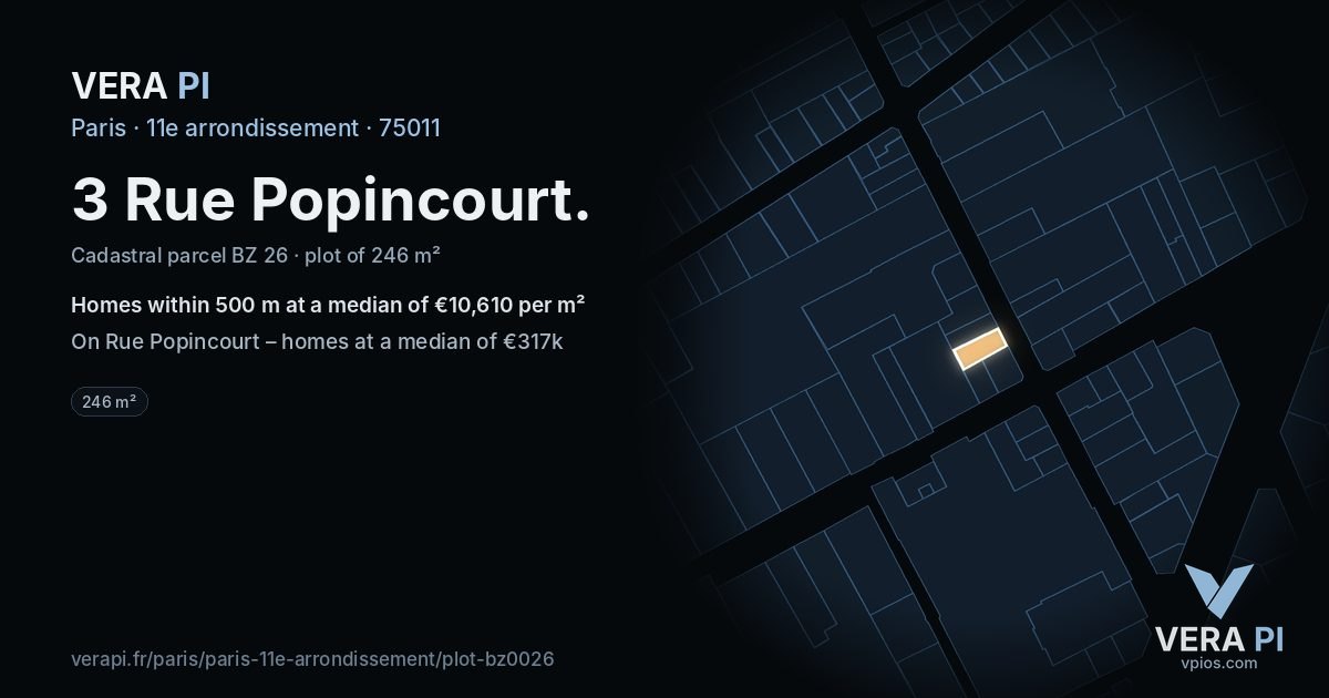 3 Rue Popincourt, 11e arrondissement at night – the plot lit, the parcels around coloured by the prices near them