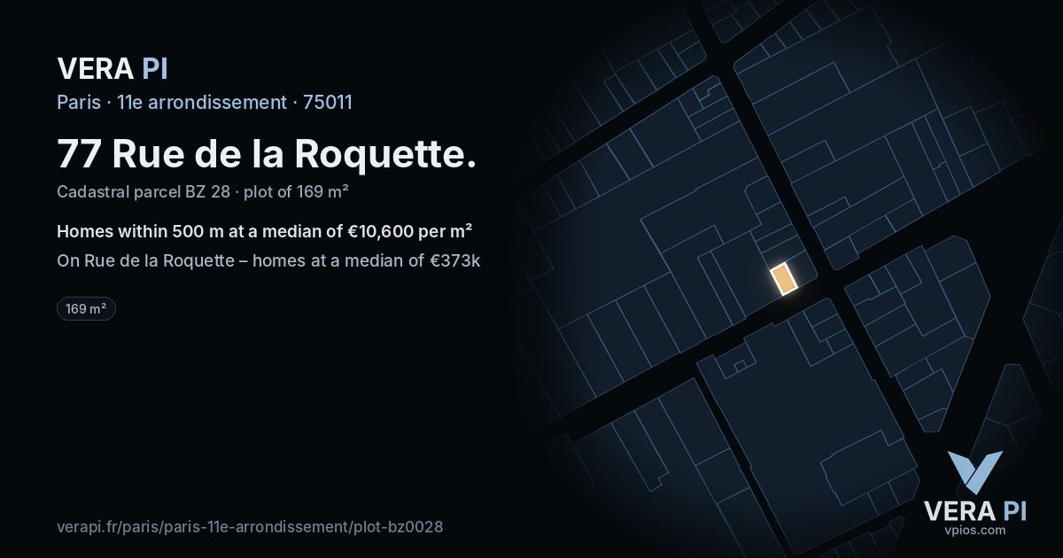77 Rue de la Roquette, 11e arrondissement at night – the plot lit, the parcels around coloured by the prices near them