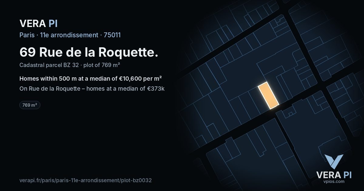 69 Rue de la Roquette, 11e arrondissement at night – the plot lit, the parcels around coloured by the prices near them