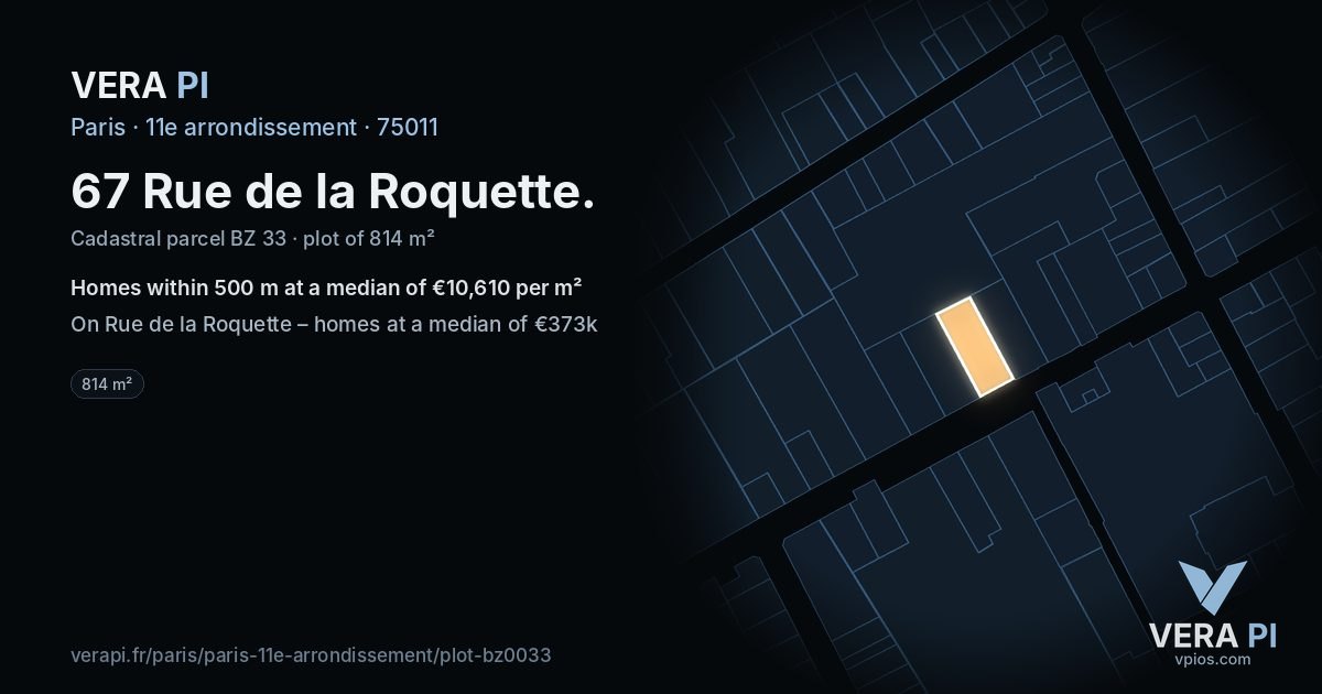 67 Rue de la Roquette, 11e arrondissement at night – the plot lit, the parcels around coloured by the prices near them