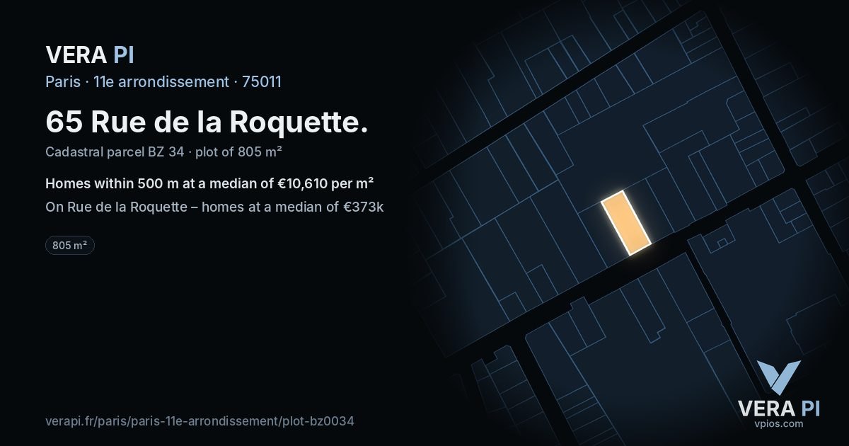 65 Rue de la Roquette, 11e arrondissement at night – the plot lit, the parcels around coloured by the prices near them