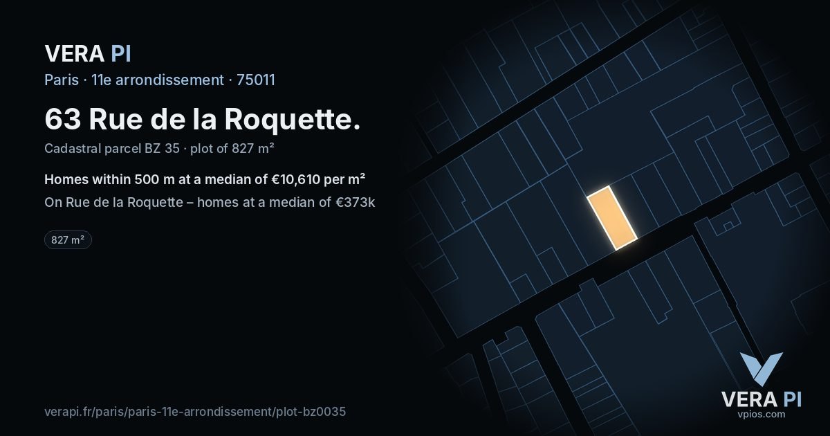 63 Rue de la Roquette, 11e arrondissement at night – the plot lit, the parcels around coloured by the prices near them