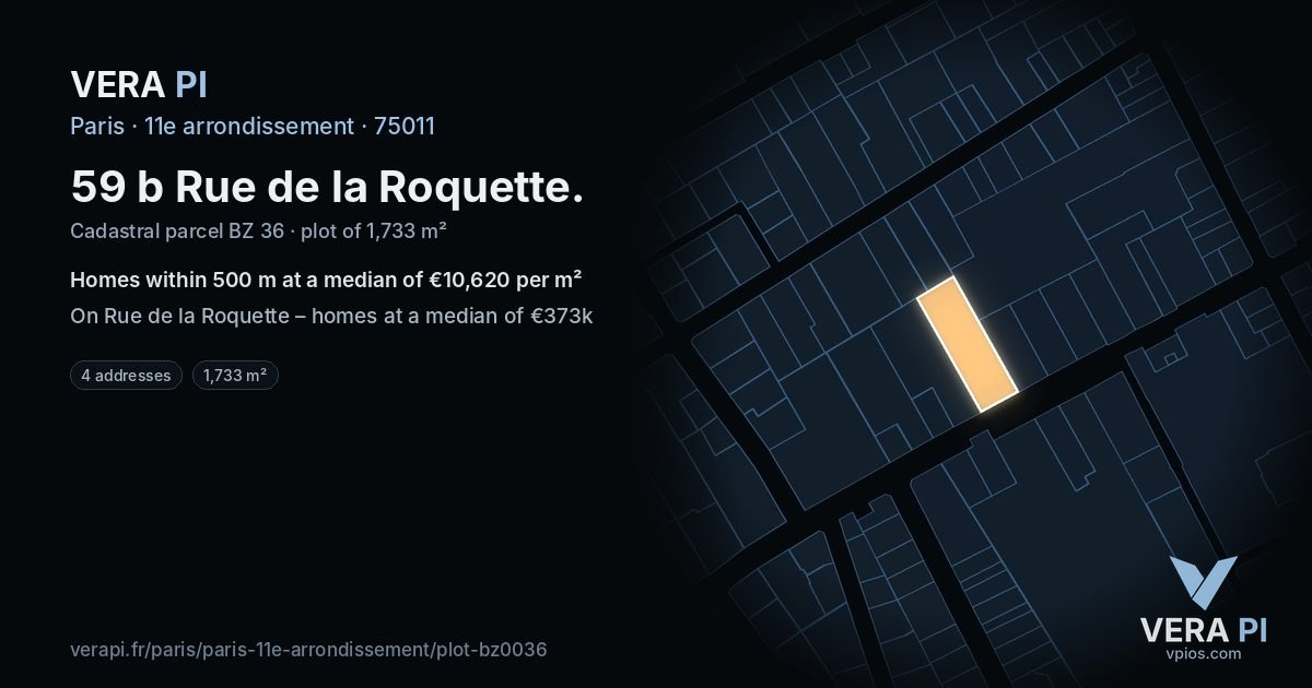 59 b Rue de la Roquette, 11e arrondissement at night – the plot lit, the parcels around coloured by the prices near them