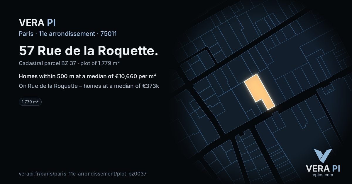 57 Rue de la Roquette, 11e arrondissement at night – the plot lit, the parcels around coloured by the prices near them