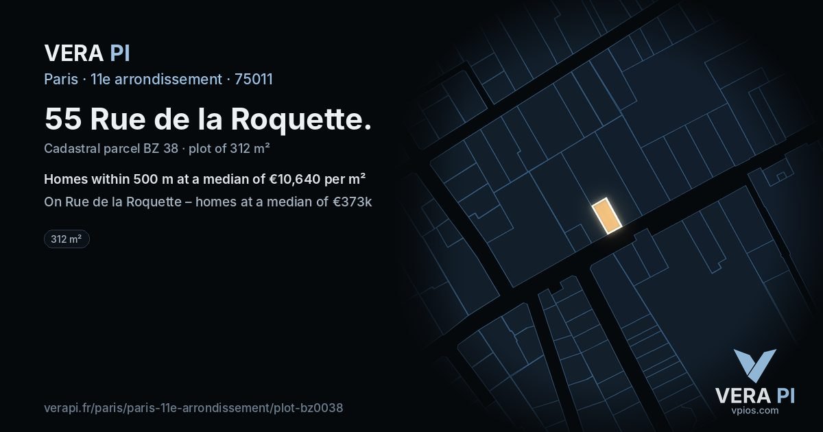 55 Rue de la Roquette, 11e arrondissement at night – the plot lit, the parcels around coloured by the prices near them