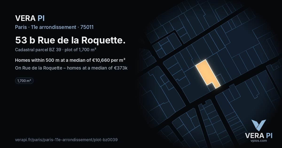 53 b Rue de la Roquette, 11e arrondissement at night – the plot lit, the parcels around coloured by the prices near them