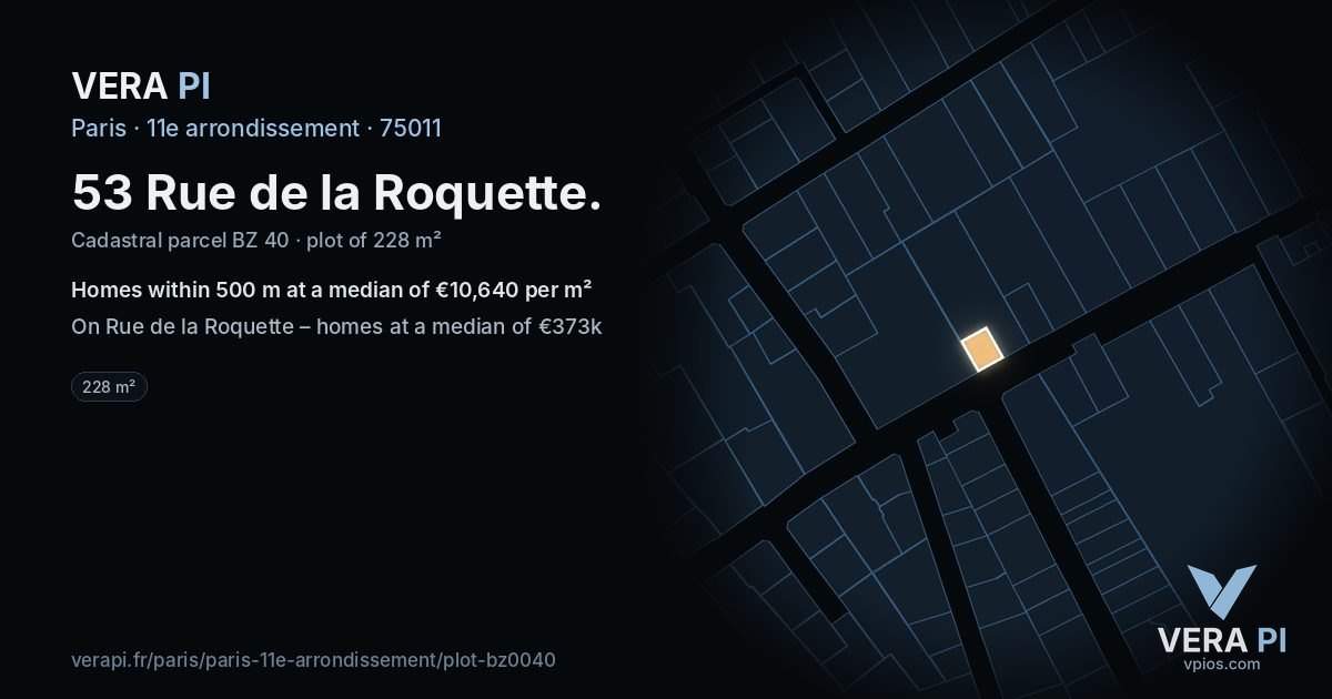 53 Rue de la Roquette, 11e arrondissement at night – the plot lit, the parcels around coloured by the prices near them