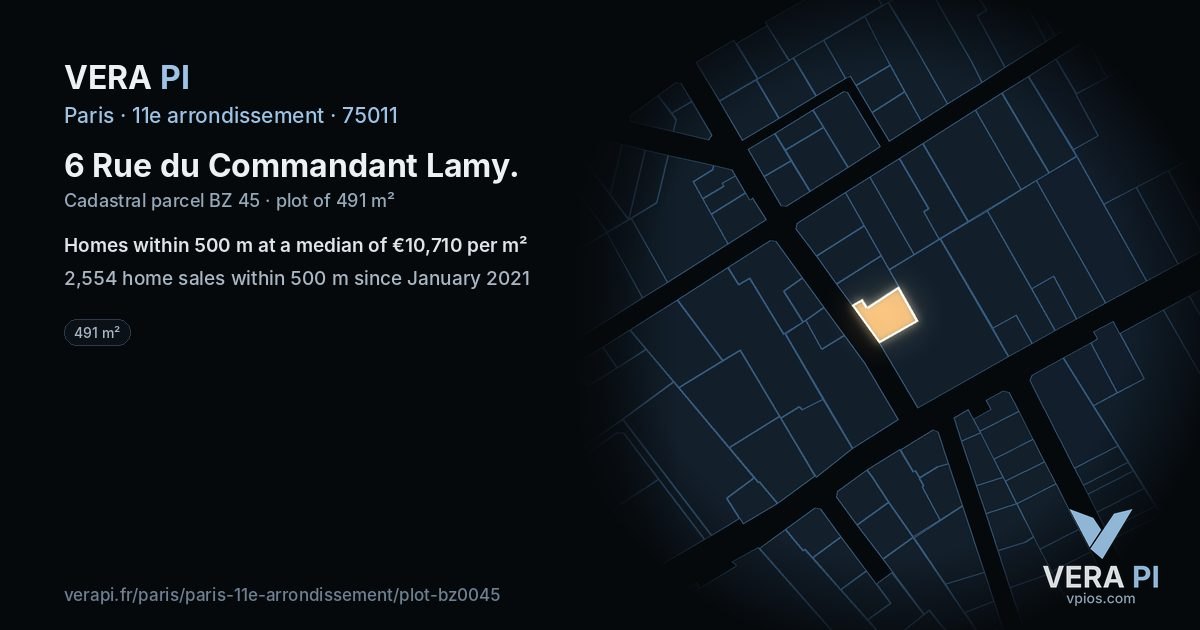 6 Rue du Commandant Lamy, 11e arrondissement at night – the plot lit, the parcels around coloured by the prices near them