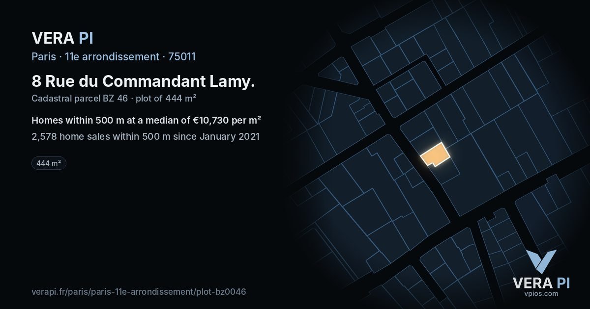 8 Rue du Commandant Lamy, 11e arrondissement at night – the plot lit, the parcels around coloured by the prices near them