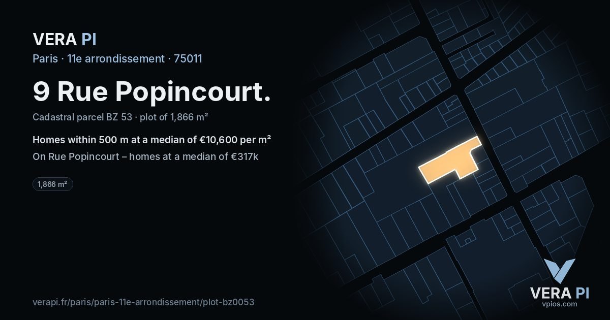 9 Rue Popincourt, 11e arrondissement at night – the plot lit, the parcels around coloured by the prices near them