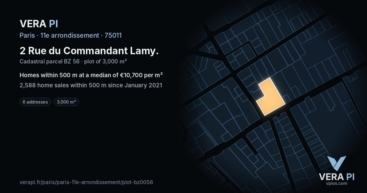 2 Rue du Commandant Lamy, 11e arrondissement at night – the plot lit, the parcels around coloured by the prices near them
