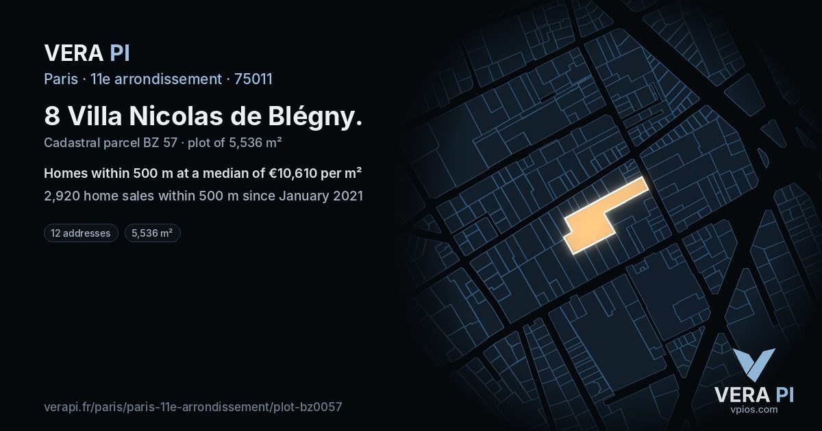 8 Villa Nicolas de Blégny, 11e arrondissement at night – the plot lit, the parcels around coloured by the prices near them