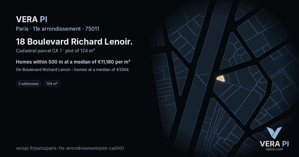 18 Boulevard Richard Lenoir, 11e arrondissement at night – the plot lit, the parcels around coloured by the prices near them
