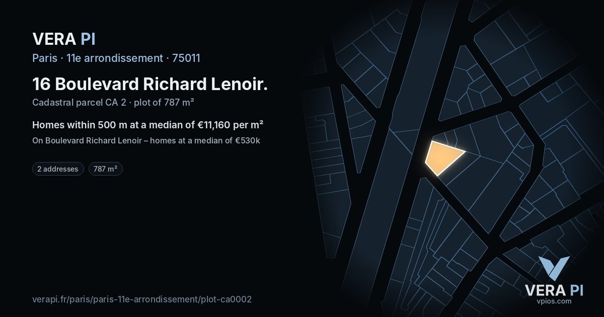 16 Boulevard Richard Lenoir, 11e arrondissement at night – the plot lit, the parcels around coloured by the prices near them