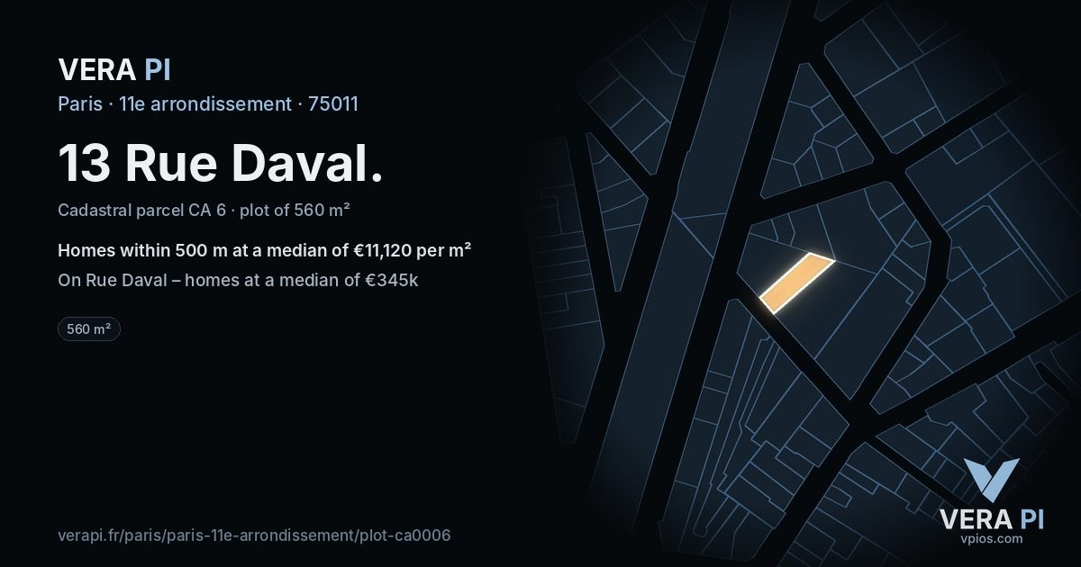 13 Rue Daval, 11e arrondissement at night – the plot lit, the parcels around coloured by the prices near them