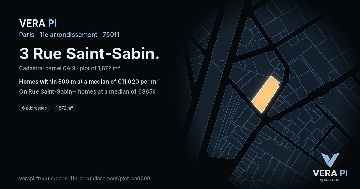 3 Rue Saint-Sabin, 11e arrondissement at night – the plot lit, the parcels around coloured by the prices near them