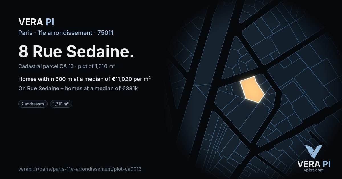 8 Rue Sedaine, 11e arrondissement at night – the plot lit, the parcels around coloured by the prices near them