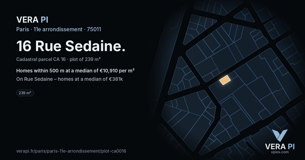 16 Rue Sedaine, 11e arrondissement at night – the plot lit, the parcels around coloured by the prices near them