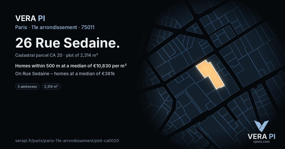 26 Rue Sedaine, 11e arrondissement at night – the plot lit, the parcels around coloured by the prices near them