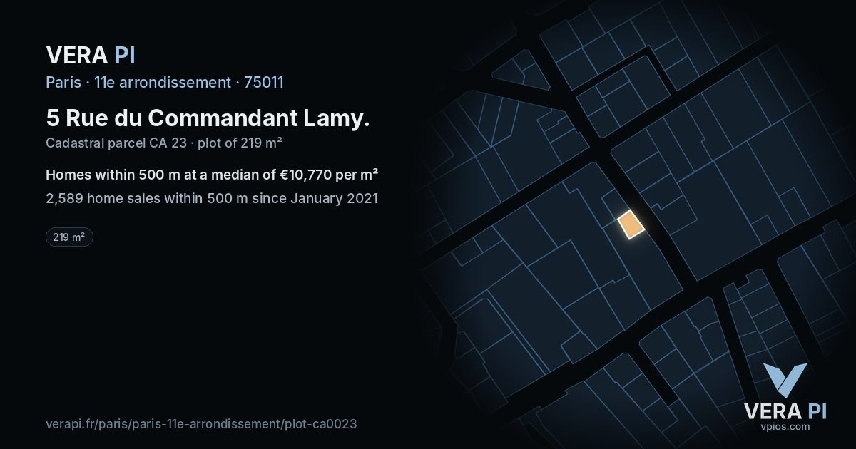 5 Rue du Commandant Lamy, 11e arrondissement at night – the plot lit, the parcels around coloured by the prices near them