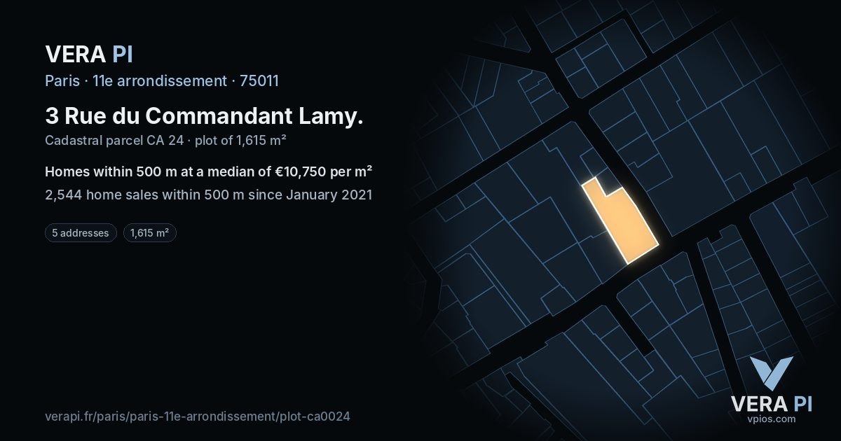 3 Rue du Commandant Lamy, 11e arrondissement at night – the plot lit, the parcels around coloured by the prices near them