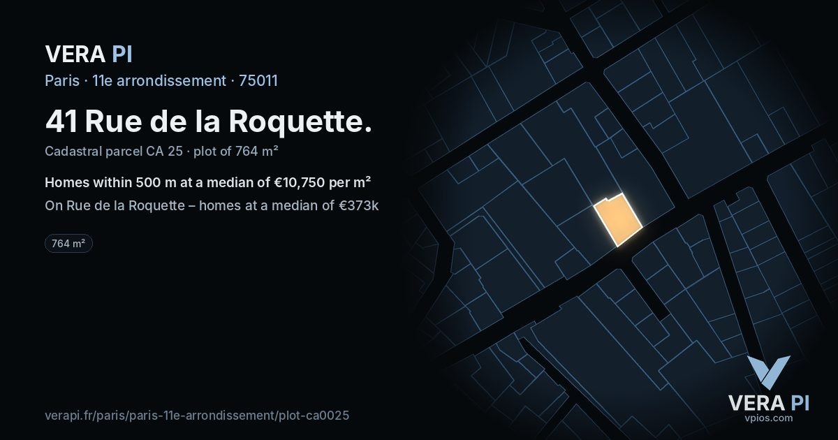 41 Rue de la Roquette, 11e arrondissement at night – the plot lit, the parcels around coloured by the prices near them