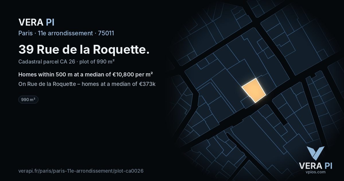 39 Rue de la Roquette, 11e arrondissement at night – the plot lit, the parcels around coloured by the prices near them