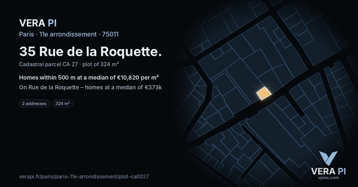 35 Rue de la Roquette, 11e arrondissement at night – the plot lit, the parcels around coloured by the prices near them