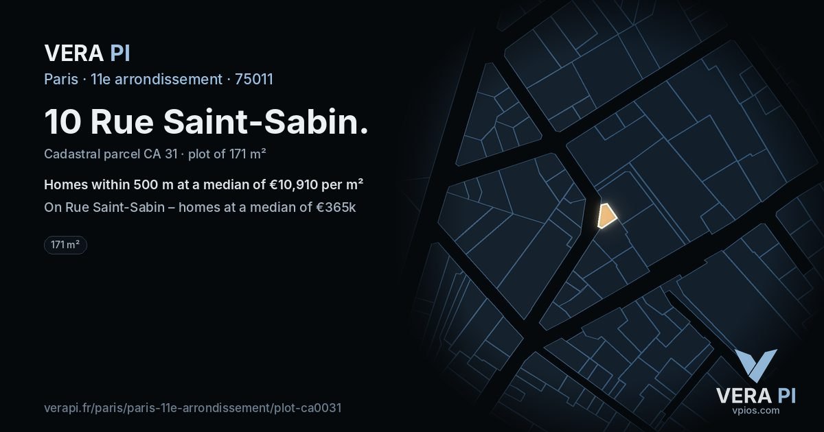 10 Rue Saint-Sabin, 11e arrondissement at night – the plot lit, the parcels around coloured by the prices near them
