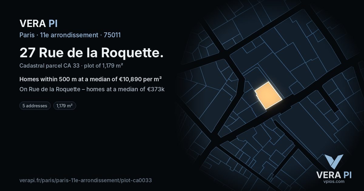 27 Rue de la Roquette, 11e arrondissement at night – the plot lit, the parcels around coloured by the prices near them