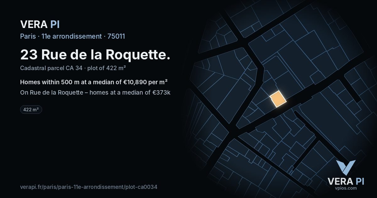 23 Rue de la Roquette, 11e arrondissement at night – the plot lit, the parcels around coloured by the prices near them