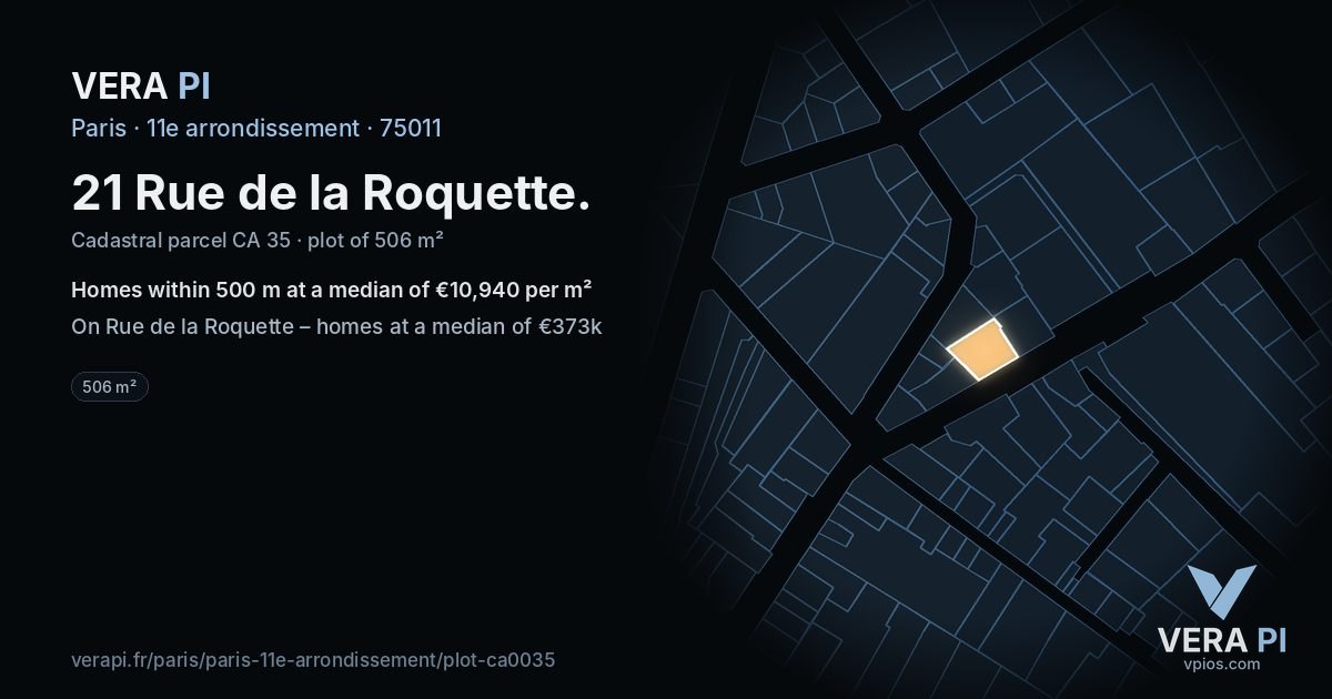 21 Rue de la Roquette, 11e arrondissement at night – the plot lit, the parcels around coloured by the prices near them